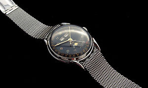 Leonidas Calendar  Moon Phases Watch Vintage Black Dial Glossy Swiss Made