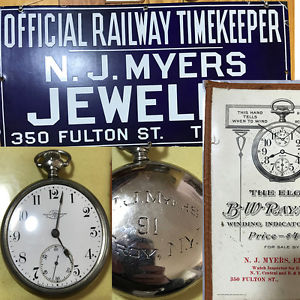 N.J. MYERS RAILWAY TIMEKEEPER 18S BALL ELGIN WATCH AND LARGE SIGN WITH ID HOLDER