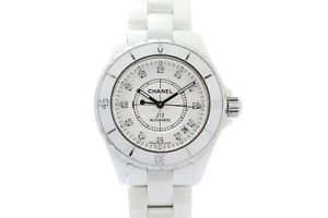 CHANEL J12 12P Diamond H1629 White Ceramic Auto Sports Watch Mens FS NOS #1205
