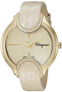 Ferragamo Womens FIZ080015 Signature Diamond Gold IP Beige Leather Wristwatch