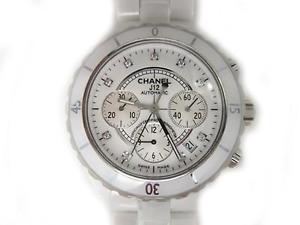 Auth Chanel Ceramic/Diamond J12 Chronograph Men's Automatic Watch White