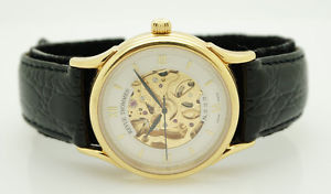 Ladies Revue Thommen 22j Automatic Skeleton Dial Gold Plated Black Leather Watch