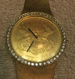 1904 $20 Liberty Head Mens Gold Coin Watch, 18kt. Bracelet, Diamond Bezel