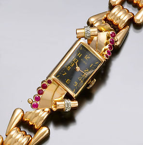 Womens Retro Rose Gold Diamond and Ruby Watch with Black Dial CA1940s Luxury