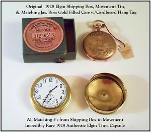 IMPOSSIBLE FIND! NOS 1928 Elgin Pocket Watch, Ship Box, Case, Tag, Movement Tin
