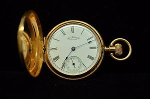 1873-6 WALTHAM POCKETWATCH 13 JEWEL SIZE 6s FANCY 14K YELLOW GOLD HUNTER CASE