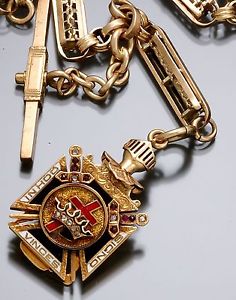 10K Fancy Log Link Pocket Watch Chain with York Rite Knights of Templar Fob