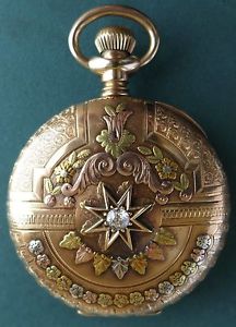 1902 Elgin Pocket Watch DIAMOND Center Multi-Colored Gold Case 16s 17J Model 6