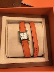 Auth Hermes Mini H Hours Heurs Stainless Steel Watch Orange Swift Double Strap