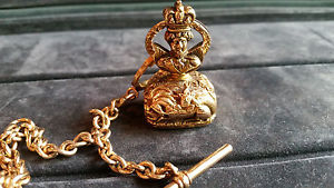 Antique Ornate Gold Watch Fob 14k Bloodstone w/Queen & Hunting Animals(162030)