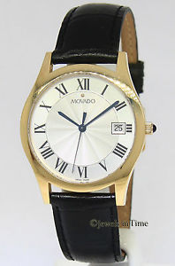 Movado 14k Yellow Gold Collection Leather Strap Mens Quartz Watch 70.c2.2870