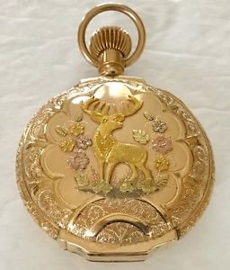14K SOLID GOLD MULTI-COLOR ANTIQUE HUNTERS WALTHAM POCKET WATCH