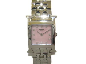 HERMES H Watch HH1.210.285 4804 SS 12P Diamond Pink Shell Ladies FS NOS #1384