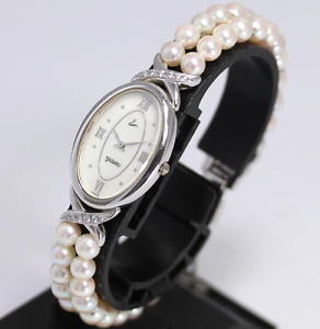 Good! Auth TASAKI Oval Peal Bracelet WGK18 D 0.11ct Ladies Wrist Watch QZ_297551