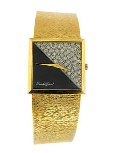Luxe Bueche-Girod 18k Yellow Gold Bracelet Watch w/ Diamond & Onyx Dial c.1970s
