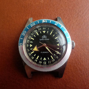 Vintage Ollech and Wajs Early Bird Divers Watch w/Faded Bezel,Patina,All SS Case