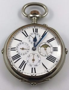 GOLIATH 73MM. HI-GRADE DAY DATE MOON CALENDAR Pocket Watch