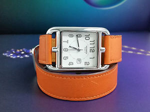 Genuine HERMES CAPE COD PM Date Watch Orange Large Size Bracelet Band CC2.710