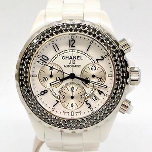 Authentic Chanel J12 41mm Chronograph Wrist Watch White Ceramic Black Diamond AT