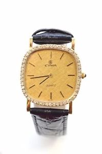 W562- Vintage Cyma 14K Yellow Gold Diamond Bezel Leather Band Watch