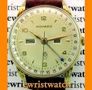 Vintage Movado Triple Calendar Solid 18K Gold Claw Lugs Case -Rare Original Dial