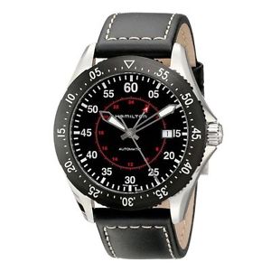 Hamilton H76755735 Mens Black Dial Analog Automatic Watch with Leather Strap