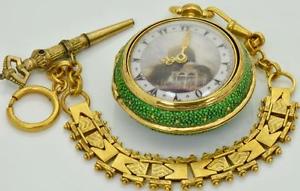WOW! Ottoman M.Borrell,London Shagreen pair case Verge Fusee pocket watch&chain