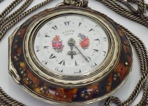 WOW! Ottoman Ralph Gout silver&faux tortoise Triple case Verge Fusee watch&chain