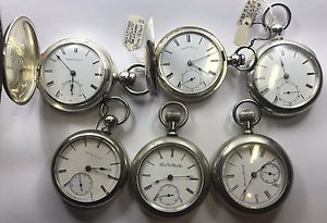 (6) Early Antique 18 SIZE American Pocket Watches Some Silver Cases Heavy, KW/KS