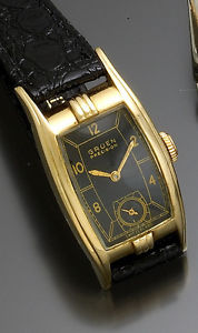 14K Yellow Gold Black Dial Gruen Wrist Watch CA1940s