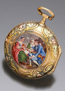 Antique Multicolor 18K Gold Repousse Gold Enameled Verge Fusee Pocket Watch