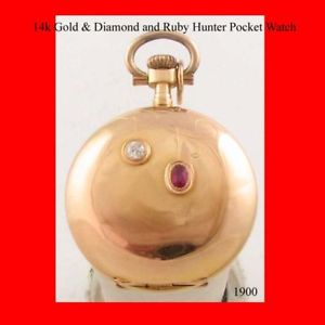 Mint 14k Gold & Diamond & Ruby Hunter Pocket Watch 1900