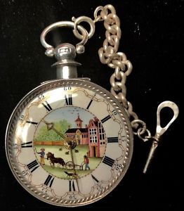 Verge Fusee London England Silver Farm Scene Dial , CA 1775 ,Made by D.D Neveren