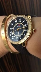 ✨GorGeouS! MICHELE SEREIN 16 GOLD WATCH BLaCK FaCe DIAMONDS CrYstaL BanD $2495