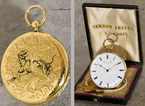 RARE, DEKORATIVE MERMOD FRERES 18K GOLD POCKET WATCH WITH ORIGINAL BOX, 1850