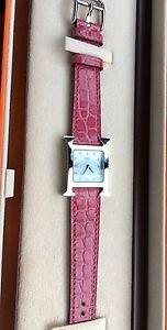 Hermes H Hour Kelly Birkin Pink Black Silver Steel Watch Diamond 2 Exotic Straps