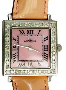 AquaMarin Diamond Pink Mother of Pearl SS Leather Womens Swiss Made Wrist Watch
