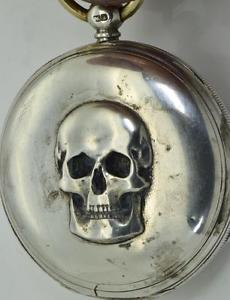 Antique Victorian Masonic Skull Automaton fancy dial Memento Mori silver watch