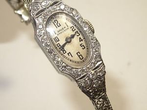 Vintage Lady Gruen Platinum Watch 0.56ct Diamonds Runs 14k Gold Filagree Band