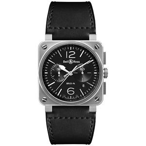 Bell & Ross BR0394-BL-SI/SCA Men's Leather Strap Watch, Black