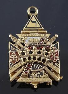 VERY RARE 14K SOLID GOLD GEMSTONE & ENAMEL MASONIC TRIPLE FLIP FOB PENDANT 1914!