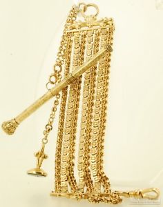 11.5" 14k multi-strand Albert-style chain, pencil holder & bloodstone stamp fob