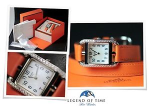 Hermes Watch Cape Cod White Gold Diamonds Orange Strap Bracelet Box Pearl Dial