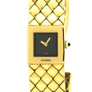 Auth CHANEL Matelasse Lady's Quartz K18YG×Black 18K Yellow Gold 187092