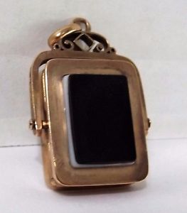 ANTIQUE WATCH FOB BLACK ONYX 12K ROSE GOLD WITH PHOTO WINDOW LOCKET