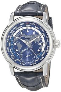 Frederique Constant Men's FC718NWM4H6 Worldtimer Automatic Watch With Blue Leath