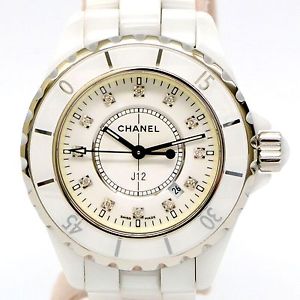 Authentic Chanel J12 White Ceramic 33mm Diamond Quartz Wrist Watch Ladies H1628