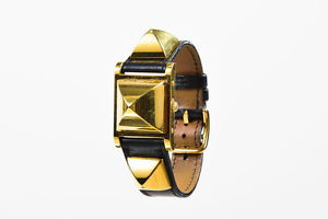VINTAGE Hermes Black Leather Gold Plated Steel "Medor" Studded Hidden Face Watch