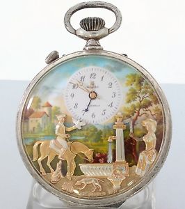 REUGE THE FOUNTAIN SCENE MUSIK TASCHENUHR SPIELUHR FIGURENAUTOMAT SILBER