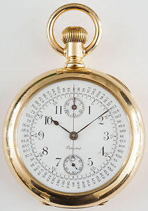 HIGH GRADE 18K SOLID GOLD CASED SWISS CHRONOGRAPH POCKET WATCH UNUSUAL CASE!